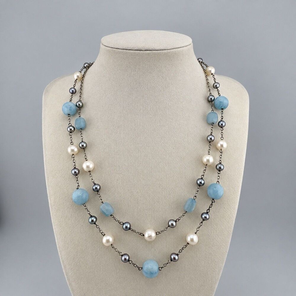 Station Necklace Sterling Silver 925 Blue Aquamarine Genuine Pearl 19” Helzberg